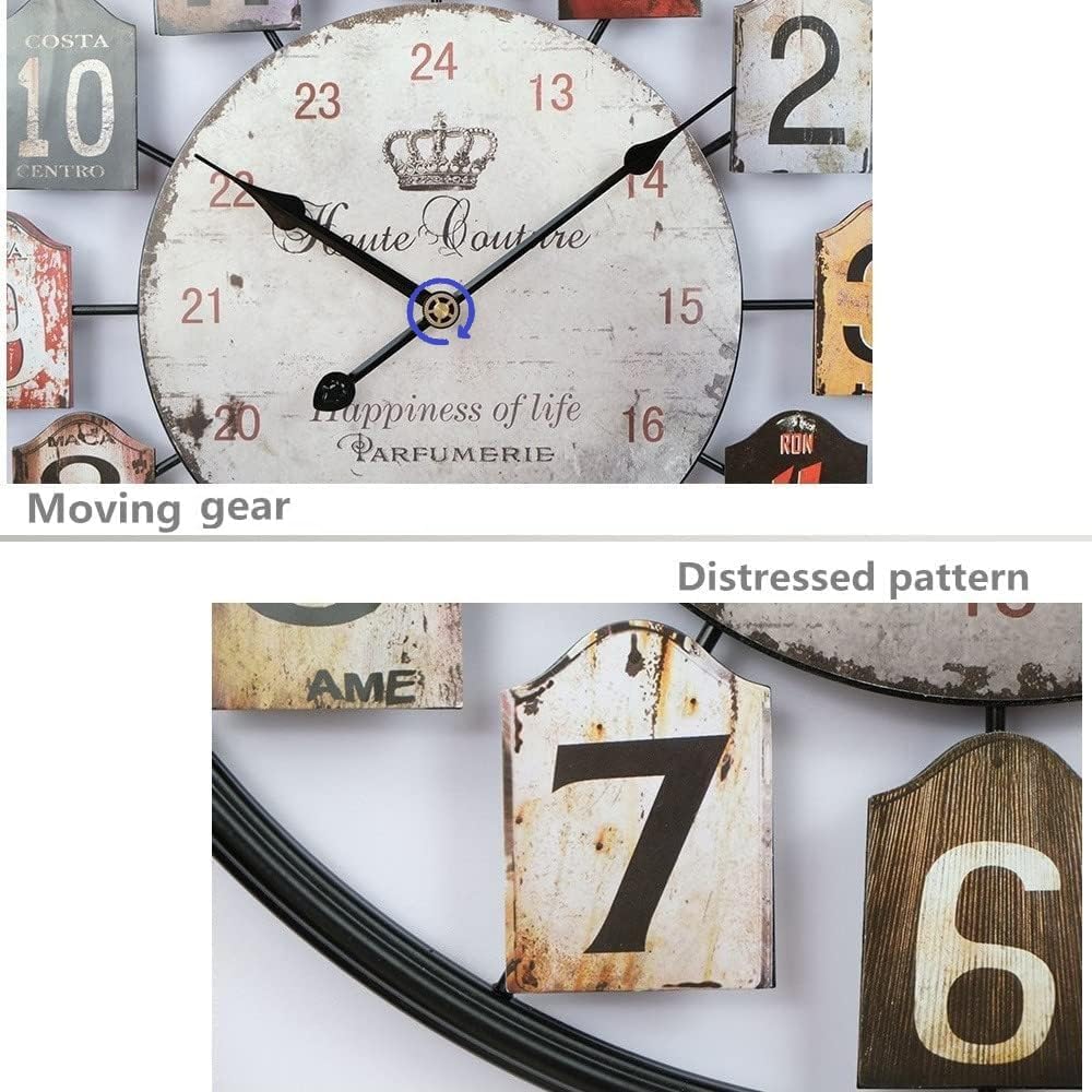 Large Wall Clock Separate Retro Dial Decorative Silent Non Ticking 20 Inch Big Vintage Farmhouse Clocks for Living Room,Black Metal Frame