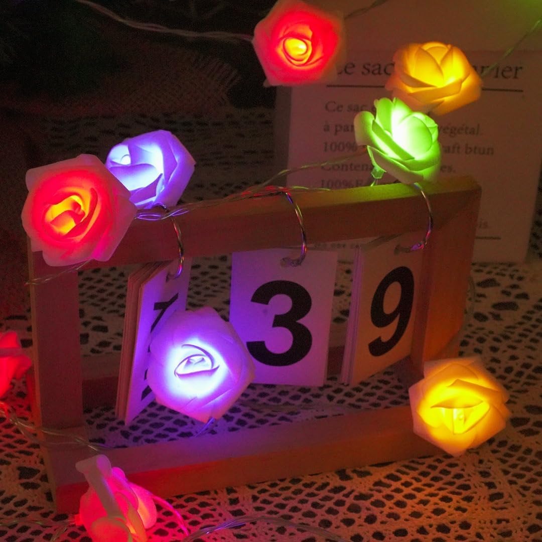 Everlasting Splashes LED Rose Flower Fairy String Lights Battery Operated Flashing Light Romantic Proposal Wedding Birthday Christmas Thanksgiving DIY Indoor Outdoor Decorations (Blue & Soft White)
