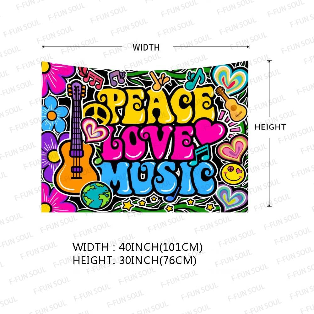 F-FUN SOUL Peace Love and Music Tapestry, 40x30inches Soft Flannel, Guitar Symbol Dove Flowers Psychedelic Art Tapestries Wall Hanging for Bedroom Living Room Decor Banner