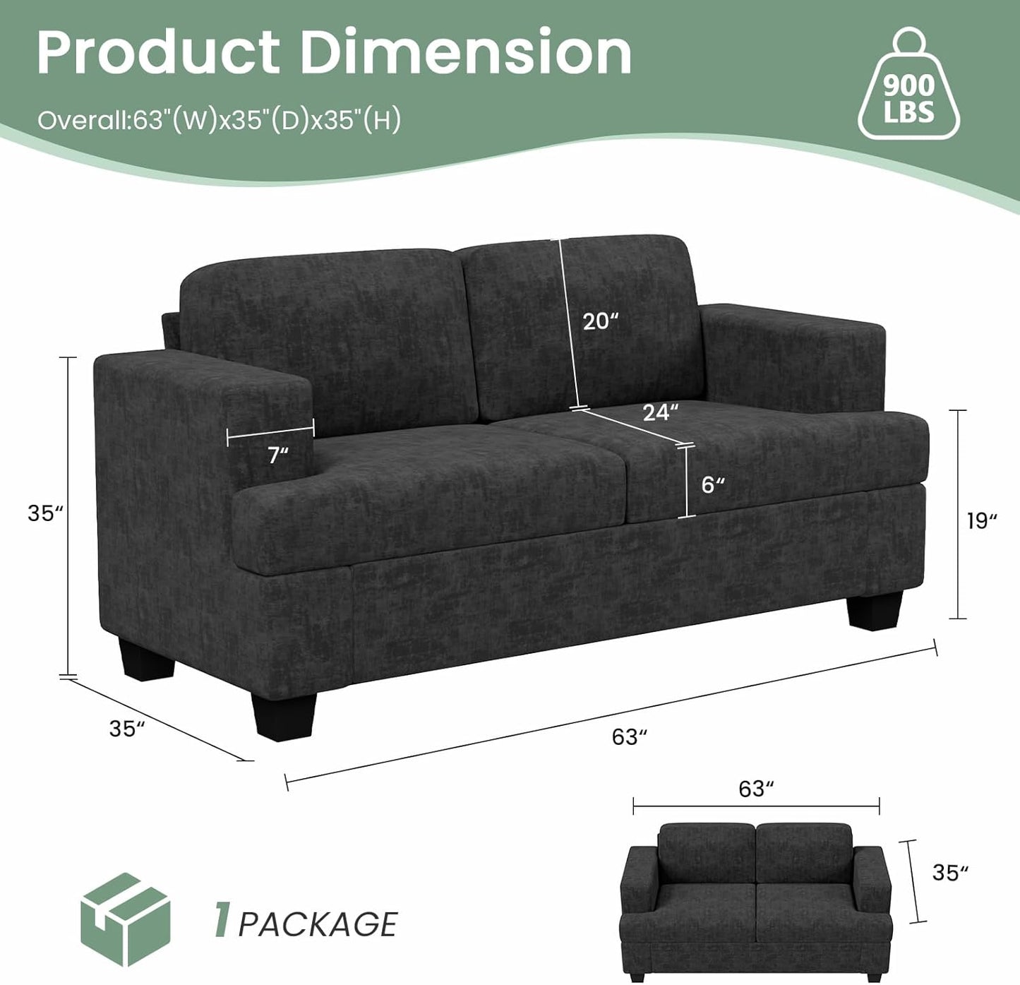 Sofa Couch, 3 Piece Set Comfy Sofa, 2 Loveseat & 3 Seater Sofa with Deep Seats for Living Room, Modern Sleeper Couch, Dark Grey Chenille