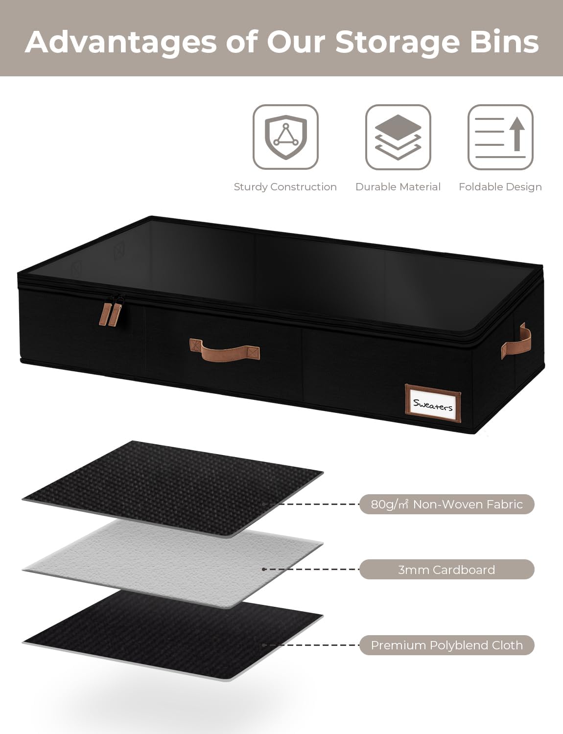 StorageWorks Extra Large Under Bed Storage Containers with Handles and Label Holder, 2 Pack Ultra-thick Fabric Underbed Bins, Closet Organizer for Clothes, Blankets, Sweater