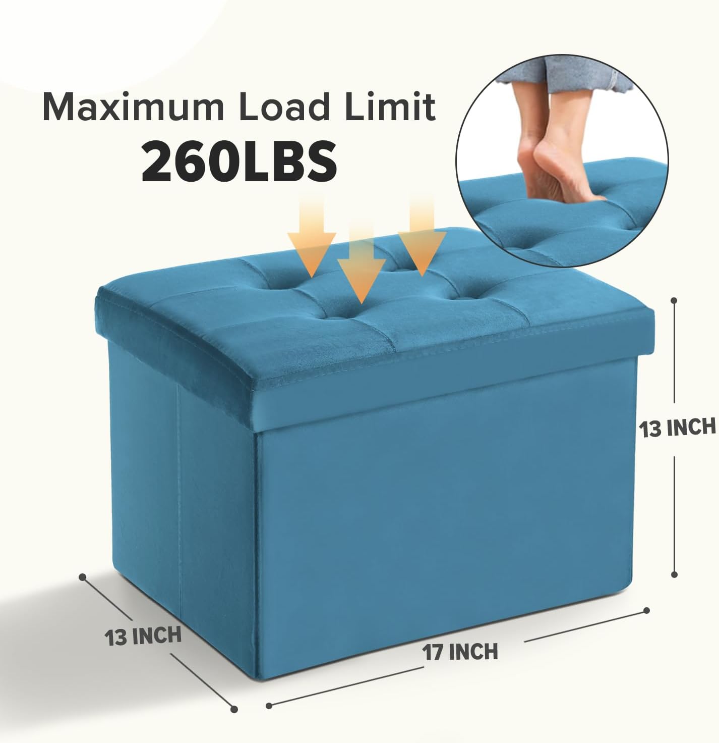 LINMAGCO Storage Ottoman Folding Foot Stool Velvet Foot Rest with Padded Modern Ottoman with Storage for Living Room Puppy Step Stool 17x13x13in(Blue)
