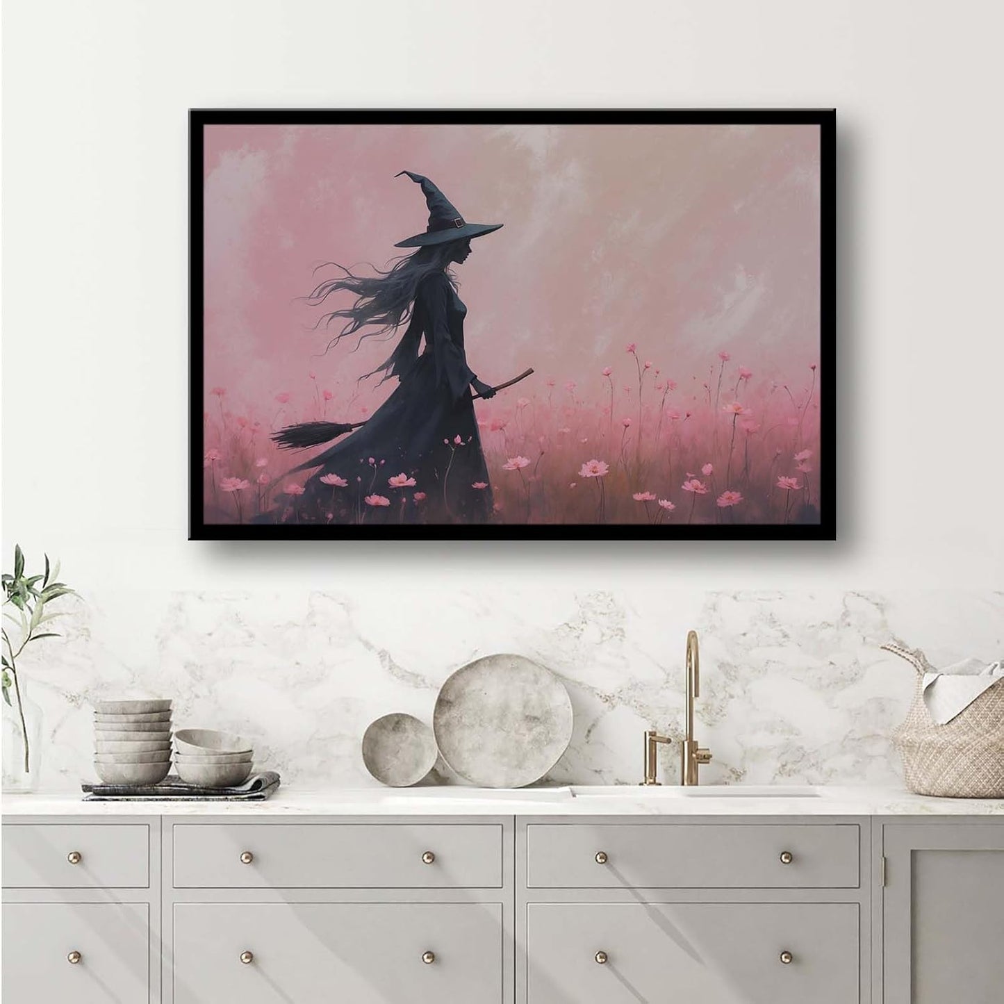 JFHCQJPK Witch in the pink sea of flowers Halloween prints weird flowers wall art silhouette painting fashionable romantic decoration suitable for bedroom24x36in Metal blackFramed
