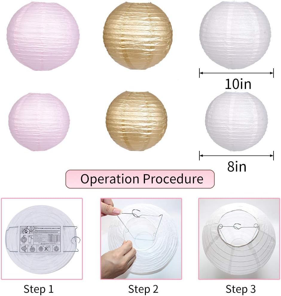 Pink Gold Party Decorations, Pink Gold Paper Lanterns and Pom Poms Flowers for Birthday Party Baby Showers Engagement Tea Party Decor 15PCS