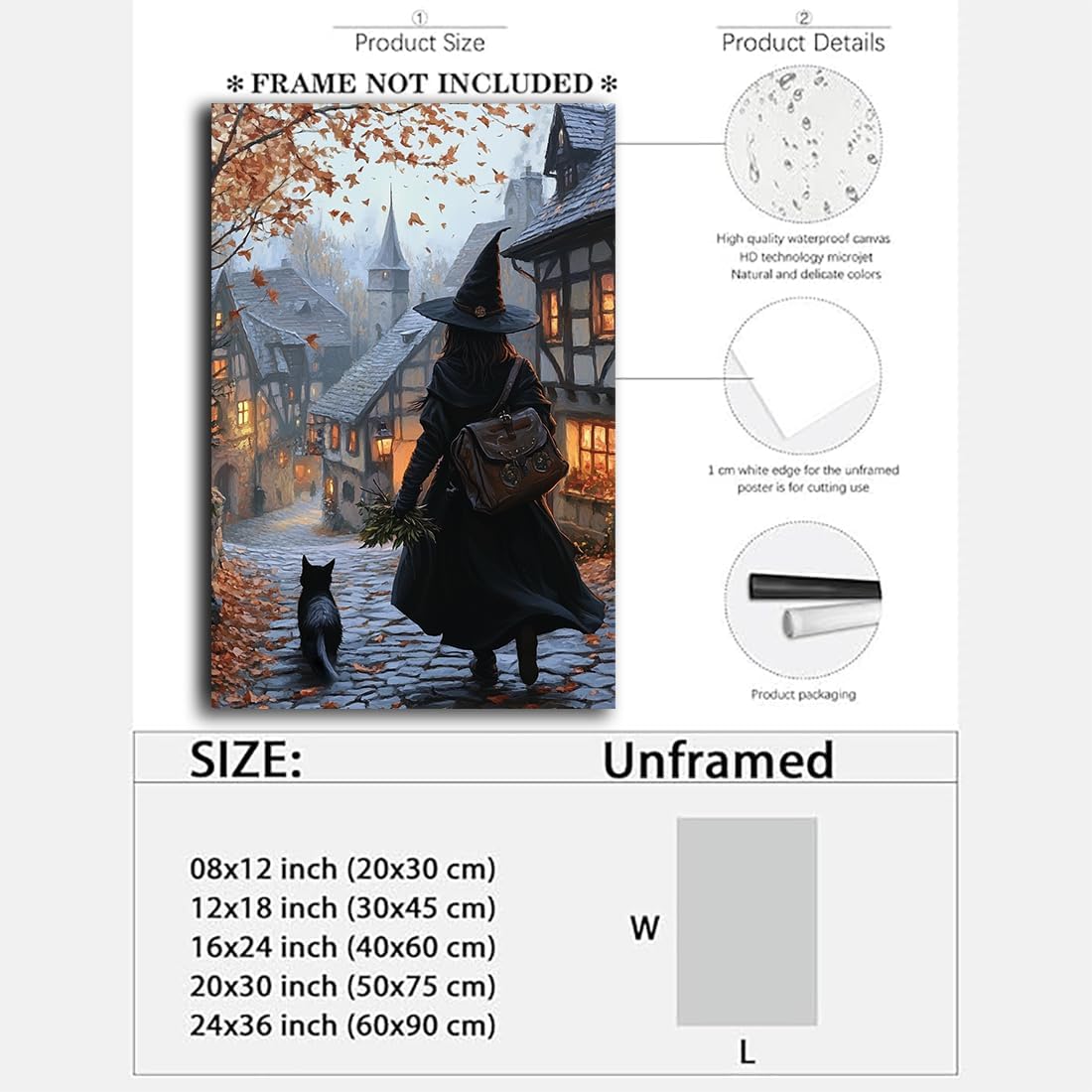 Autumn Witch And Black Cat Picture Wall Decor,Halloween Canvas Vintage Rustic Wall Art,Preppy Bedroom Living Room Bathroom Poster Print,20"x30" Unframed