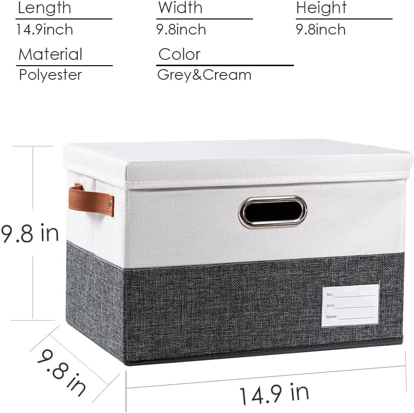 PRANDOM Foldable Storage Bins with Lids [3-Pack] Fabric Collapsible Storage Boxes Baskets Cubes Containers with Handles for Closet Living Room Bedroom (Grey & White 14.9x9.8x9.8'')
