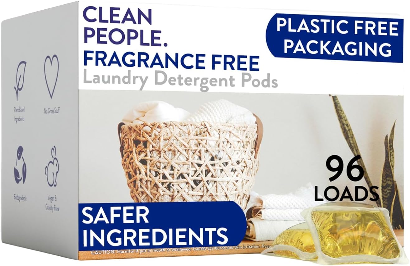 The Clean People Fragrance Free Laundry Detergent Pods - Hypoallergenic Laundry Pods - Ultra Concentrated, Recyclable Packaging, Stain Fighting - Fragrance Free, 96 Pack