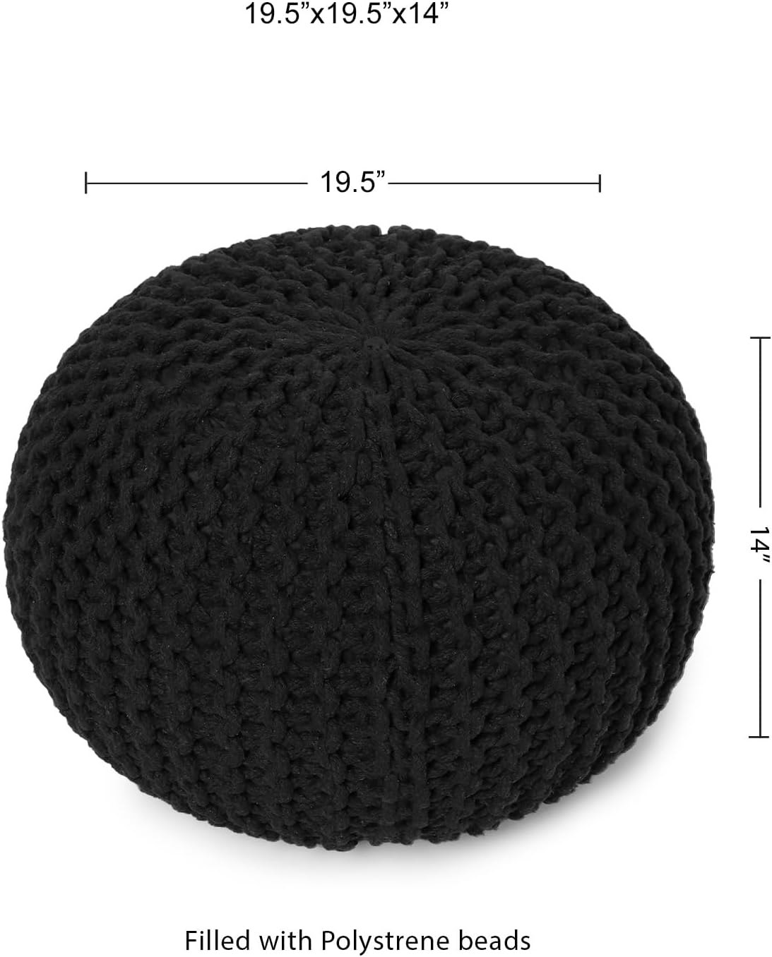 REDEARTH Round Pouf Foot Stool Ottoman - Hand Knitted Bean Bag - Cord Boho Pouffe - Cable Poof Footrest for Living Room - Nursery - Bedroom - Patio - 100% Cotton - Home Decor (19.5"x19.5"x14") - Black