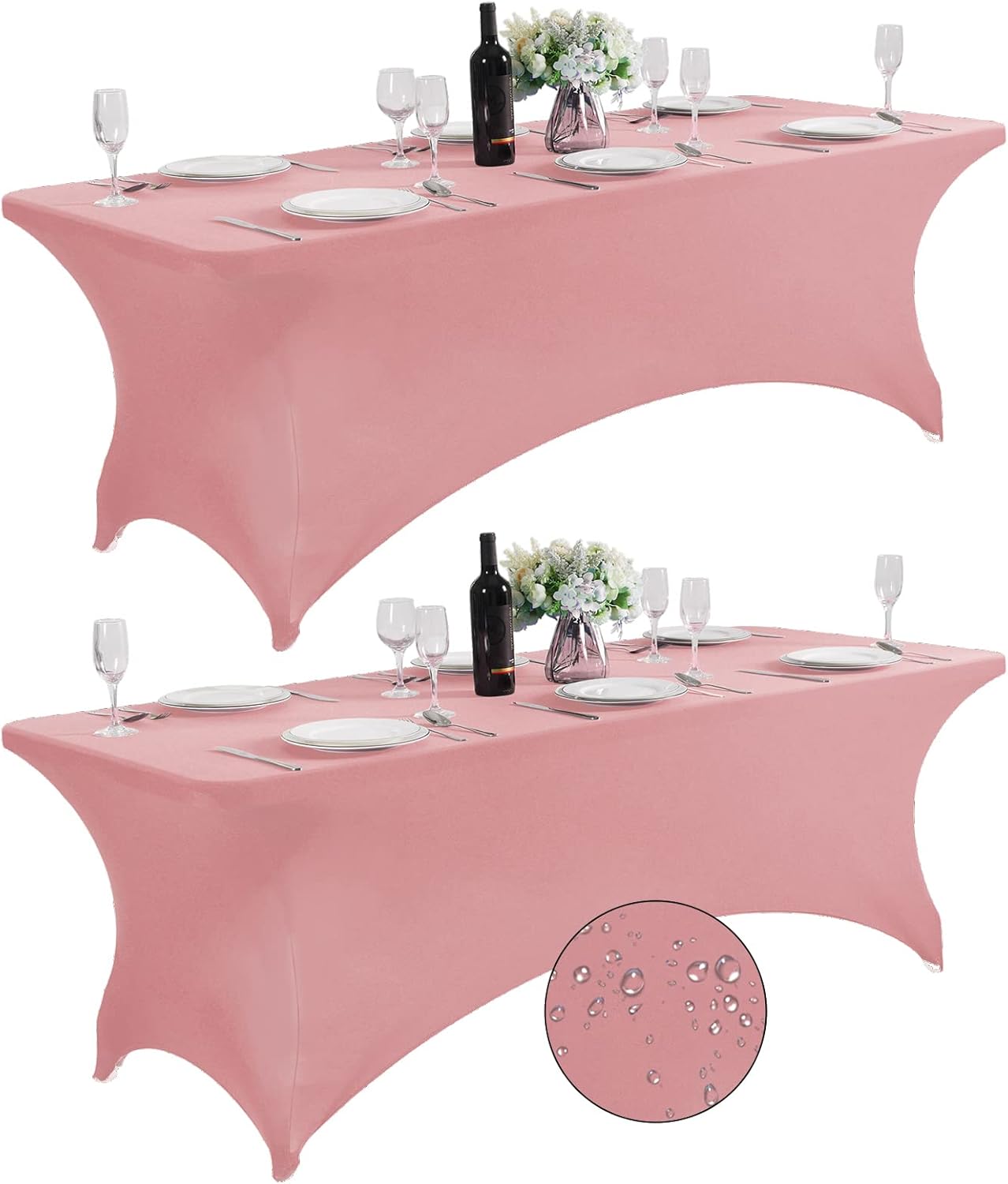 SuperO 2Pack Waterproof Spandex Table Cover for 8FT Table Universal Fitted Stretch Tablecloth for Party, Banquet, Wedding and Events-Dusty Pink