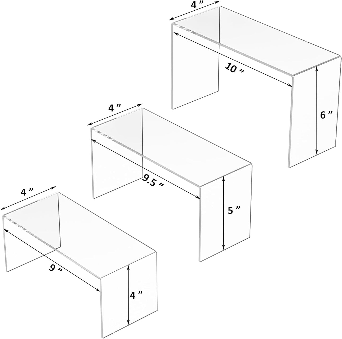 9x9.5x10 Inch Clear Display Risers Shelf 3pcs, Countertop Rectangular Acrylic Display Stands for Funko Pop Figure, Bags, Collectibles