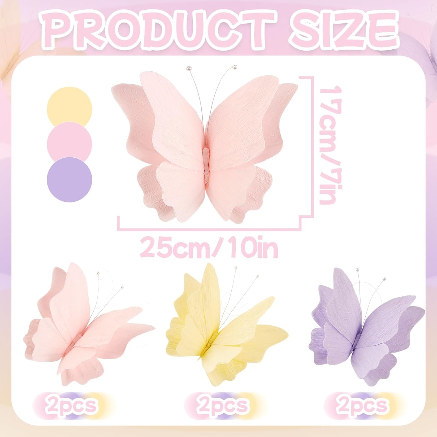 SUNBEAUTY Butterfly Party Decorations Hanging Butterfly Decorations 6Pcs Crepe Paper Garden 3D Butterflies Decor Pastel Paper Butterflies Decoration for Wedding Baby Shower Birthday Party Room Decor