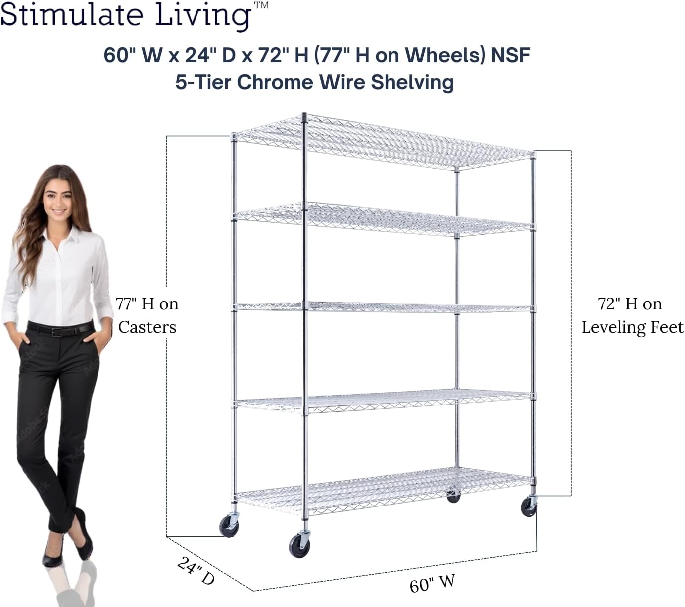 60"x24"x72" PRIME HEAVY DUTY Chrome 5-Tier Wire Shelving NSF 3000 LBS MAX Capacity Storage Rack for Commercial, School, Home, Garage, Warehouse, Industrial, and Hospital Uses (with Wheels)