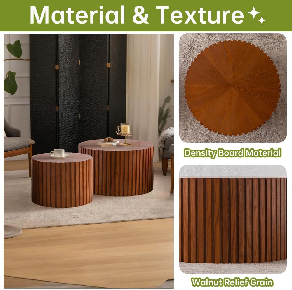 Round Nesting Coffee Table Set of 2 Small Round Coffee Tables for Living Room Modern Fluted Coffee Table Circular End Table Side Table for Small Spaces No Assembly (Brown, 18 in)