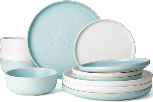Famiware Milkyway Plates and Bowls Sets, 12 Pieces Dinnerware Sets, Reactive Glaze Dish Set, Stoneware Dishes Set for 4, Matte White & Light Blue