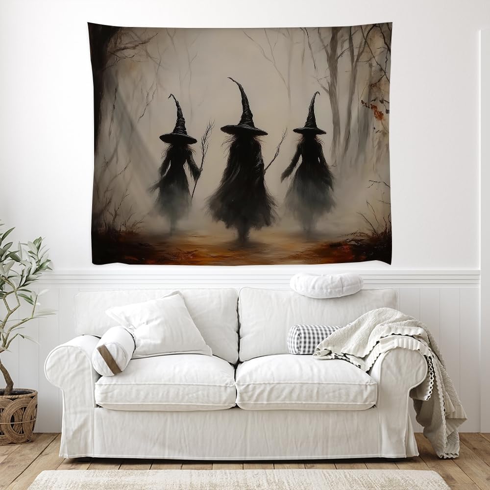 Witchy Halloween Tapestry Wall Hanging Vintage Spooky Witch Room Print Dark Academia Autumn Forest Three Witches Tapestries Decor for Halloween Living Room Bedroom Decoration 70x90inch