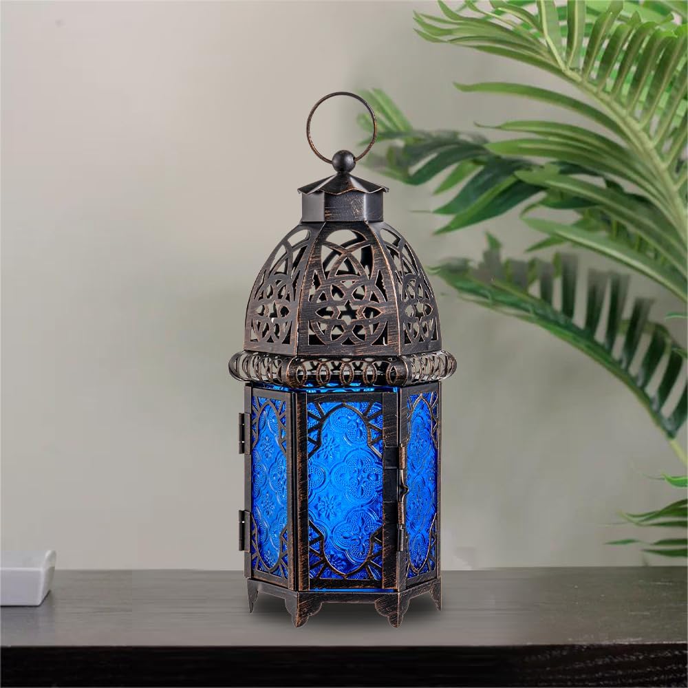 NEEDOMO Hanging Moroccan Lantern, 12.8'' Vintage Candle Holder, Metal Lanterns Decorative Indoor Outdoor, Table, Patio, Porch, Shelf, Gothic Home Decor (Blue, Large Size)