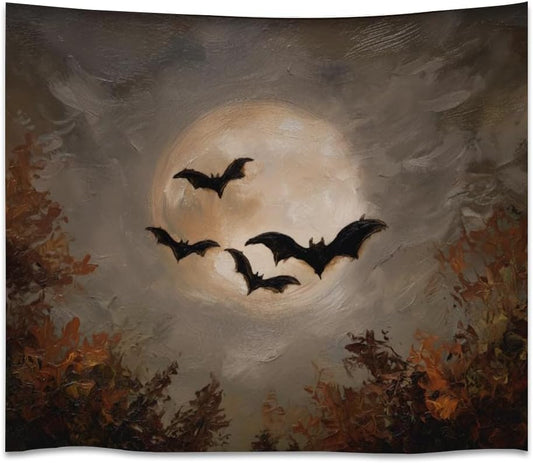Spooky Halloween Bats Dark Academia Full Moon Autumn Leaves Wall Hanging Vintage Haunted Home Artwork Gothic Witchy Ghost Tapestries for bedroom Living Room Decor 70x90inch