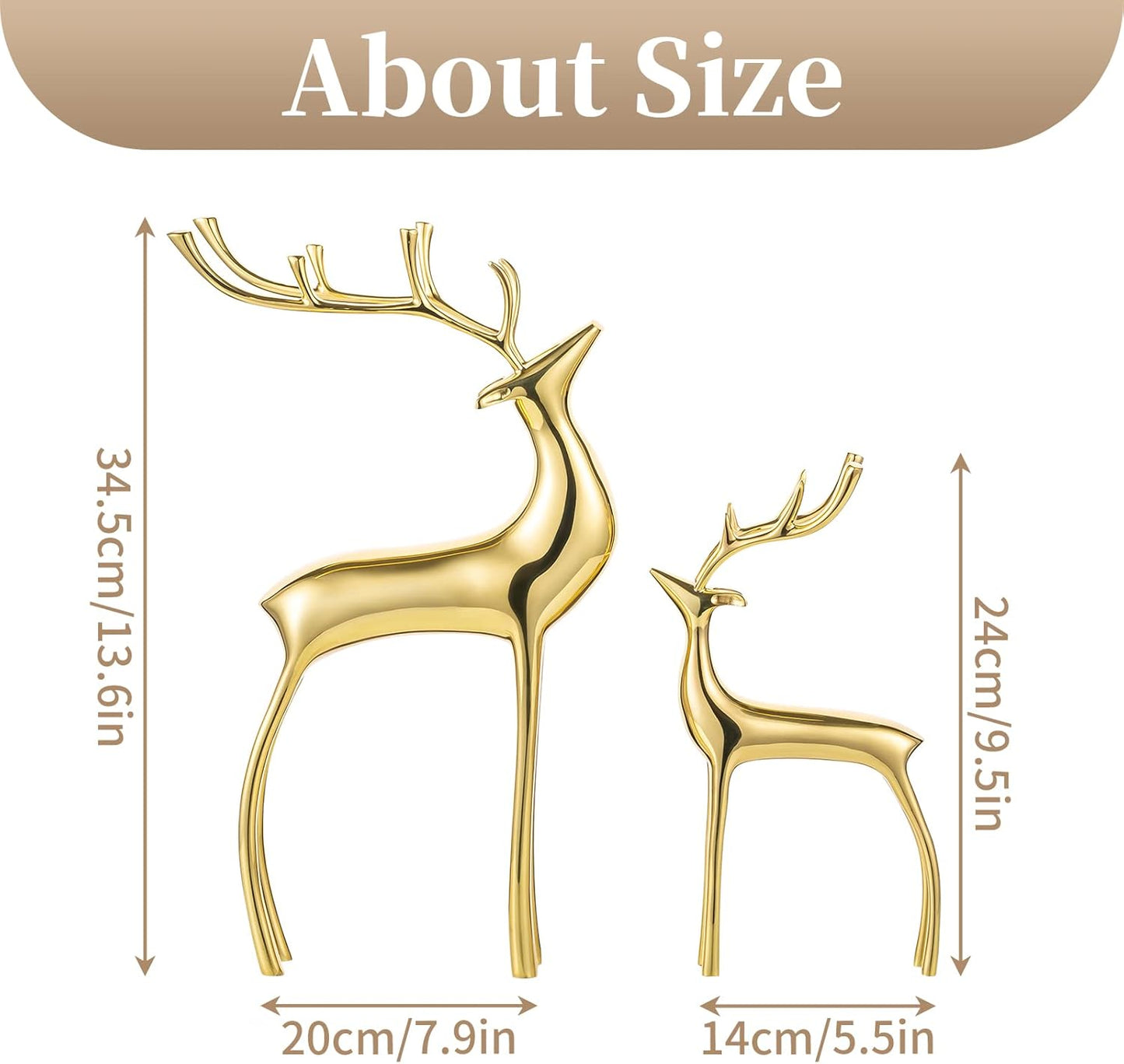 Sziqiqi Reindeer Figurine Statues Deluxe Set of 2, Christmas Deer Pure Copper Heavy Reindeer Ornaments for Home Decor Accents Living Room Office Bookself Tabletop Mantle Christmas Decoration, Gold