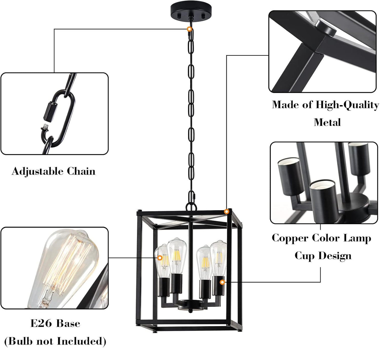 Lantern Pendant Light, 4-Light Black Chandelier,Modernized Ceiling Hanging Light Fixture for Bedroom Kitchen Island Foyer Living Room Dining Room Hallway