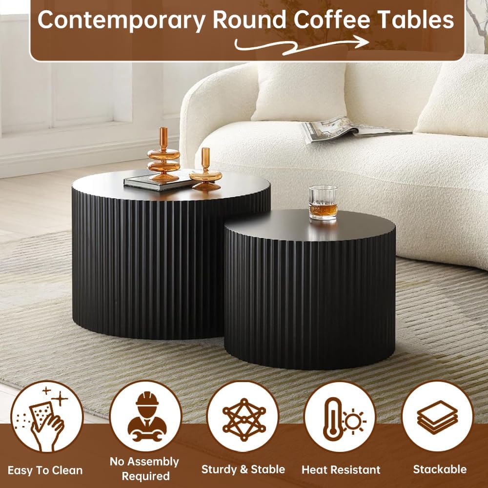 Round Nesting Coffee Table Set of 2 Modern Black Fluted Coffee Table Small Round End Table Side Table Circular Coffee Tables Circle Nested Coffee Tables for Living Room (Black Small)