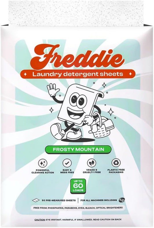 Freddie Laundry Detergent Sheets - Recyclable Packaging - No Mess Strips - 60 Loads - Crisp Frosty Mountain Scent
