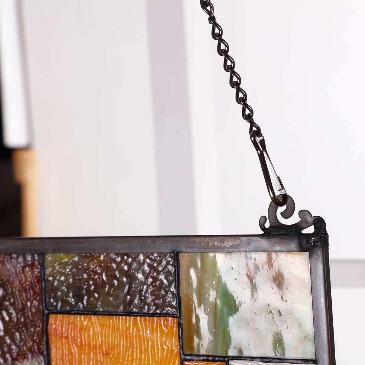 Bieye Geometric Color Block Tiffany Style Stained Glass Window Panel with Hanging Chain (13x24 inches W10024)