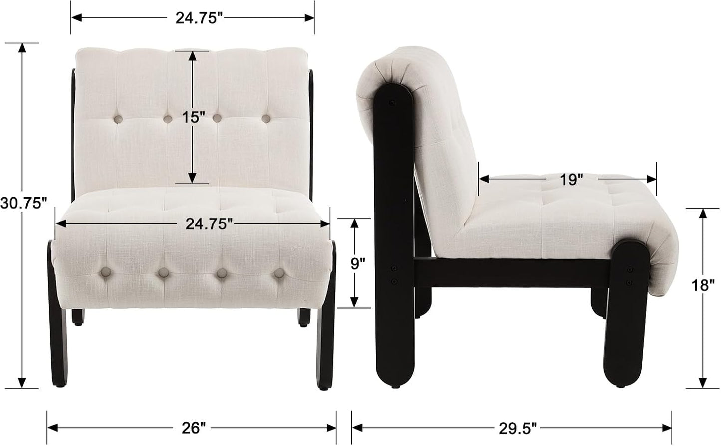 Modern Armless Accent Chair for Living Room, Beige Chenille Button Tufted Upholstered Lounge Reading Chair with Black Wood Frame