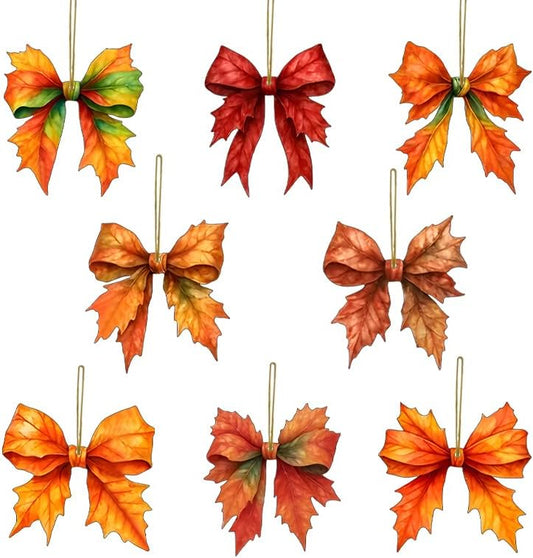 8 Pcs Fall Tree Ornaments Decoration Autumn Leaf Hanging Ornaments 2D Flat Acrylic Pendants Bow Shape Maple Leaf Designs Hanging Ornaments for Home Autumn Festival DIY Craft Supplies Decor