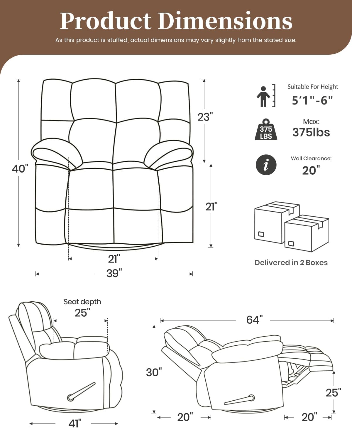 Oversized Recliner Chair Manual Swivel Rocker Recliner for Living Room Chenille Overstuffed Nursery Reclining Sofa Chair Rocking Recliners for Adults 400lbs (Manual, Brown)