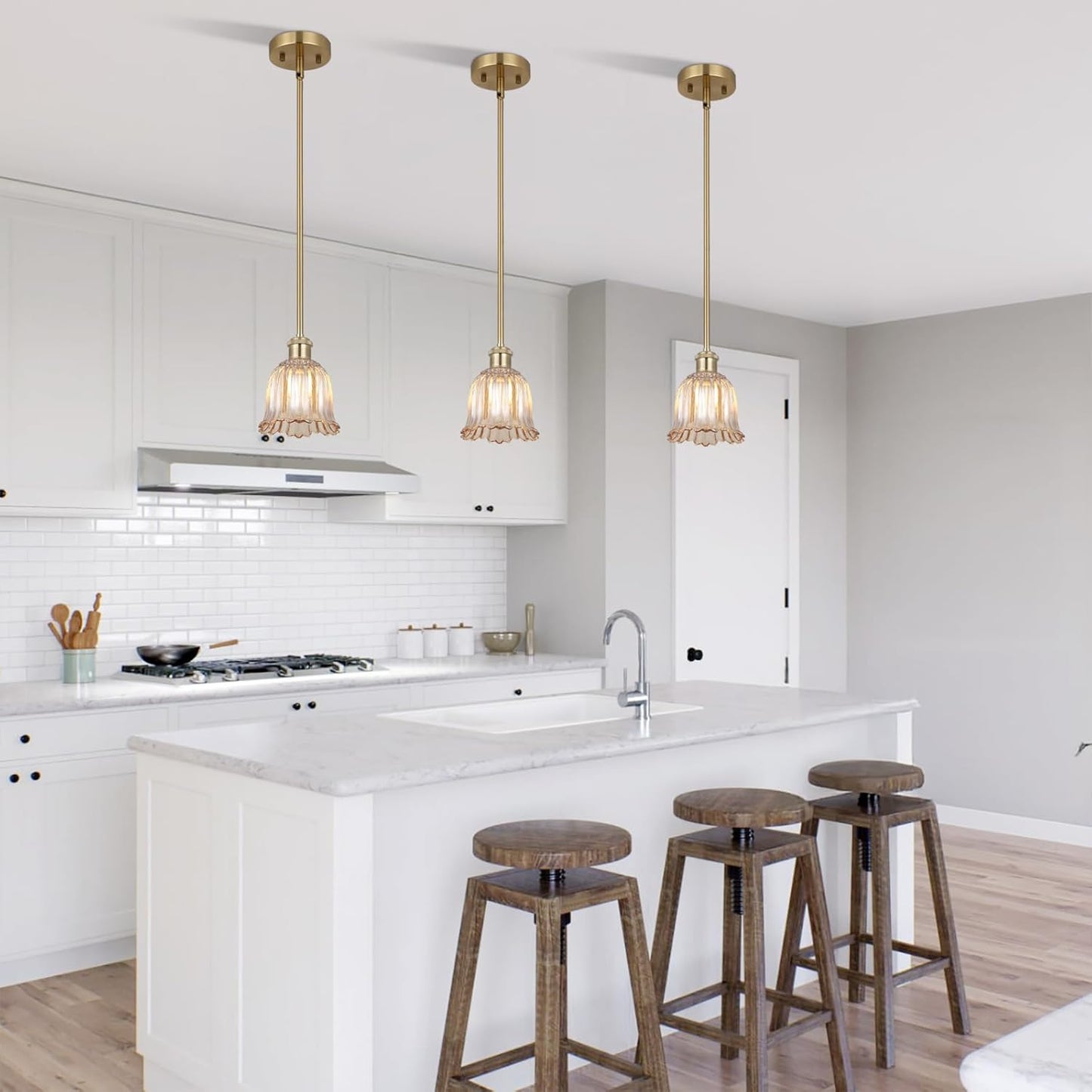 Modern Gold Pendant Light Brushed Brass Mid Century Chandelier Amber Glass Shades Adjustable Rods Farmhouse Ceiling Hanging Lighting Fixture Kitchen Island Dining Room Bedroom