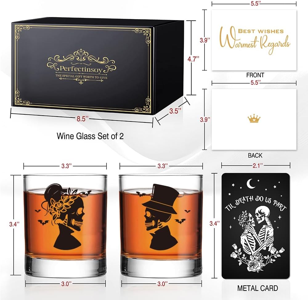 Perfectinsoy Skull Whiskey Glass 2 Piece with Metal Card, Couple Skull Gothic Design, Anniversary Wedding Gifts, Couple Gift for Boyfriend and Girlfriend, Valentine's Day Fall Halloween