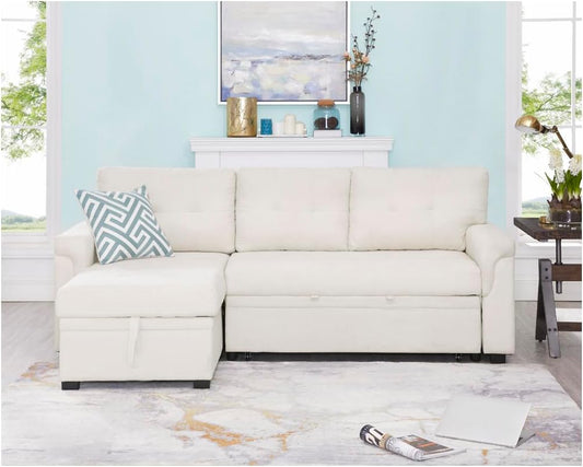 Naomi Home Transform Any Space: Sleeper Sectional Sofa with Convertible Sofa Bed & Inviting Chaise. Find Tranquil Comfort with Stress-Relieving Design & Durable Cushions - Cream/Velvet