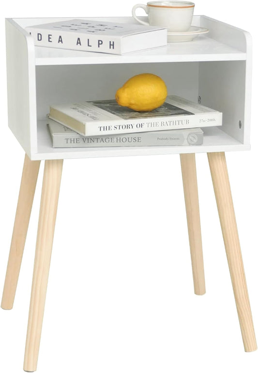 MaxSmeo White Nightstand, Small Bed Side Table for Small Spaces,Mid Century Modern Nightstand End Table with Storage and Solid Wood Legs for Bedroom Living Room(White)