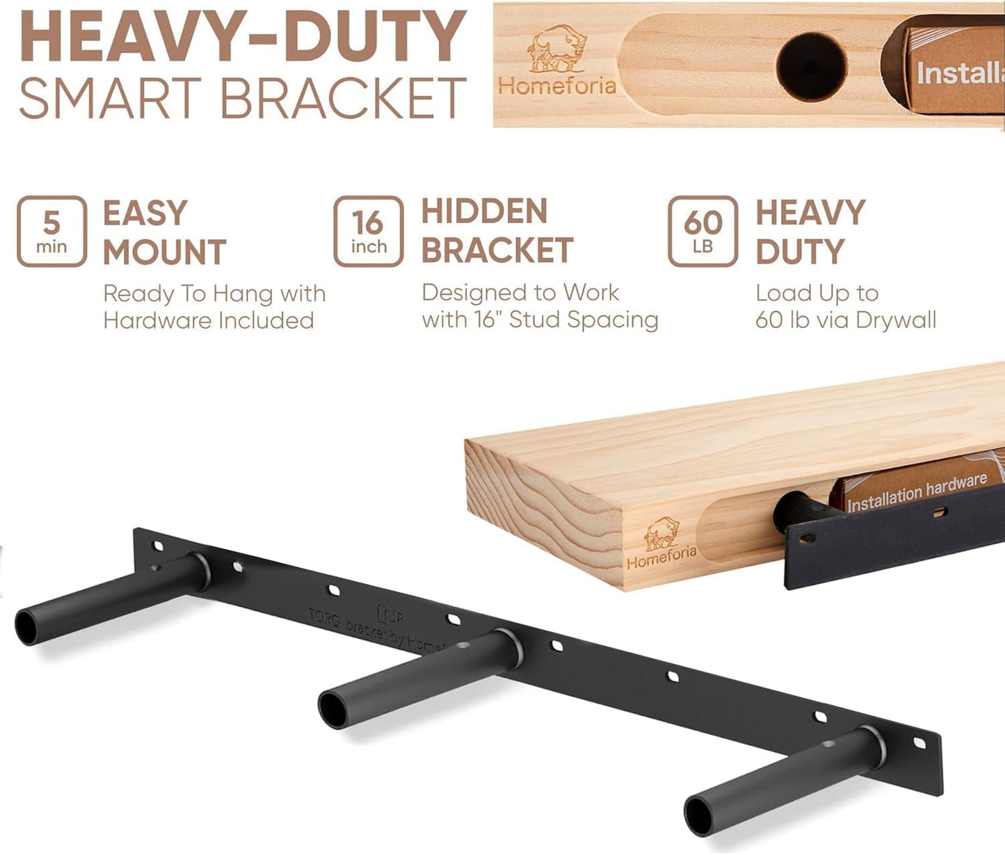 Homeforia White Floating Shelf 48 inches, High End Solid Real Wood 48inch Long Floating Shelves for Wall Mounted, White Wooden 48in Floating Shelves, Heavy Duty Bracket, 48 X 6.5 X 1.75 inch, Set of 2