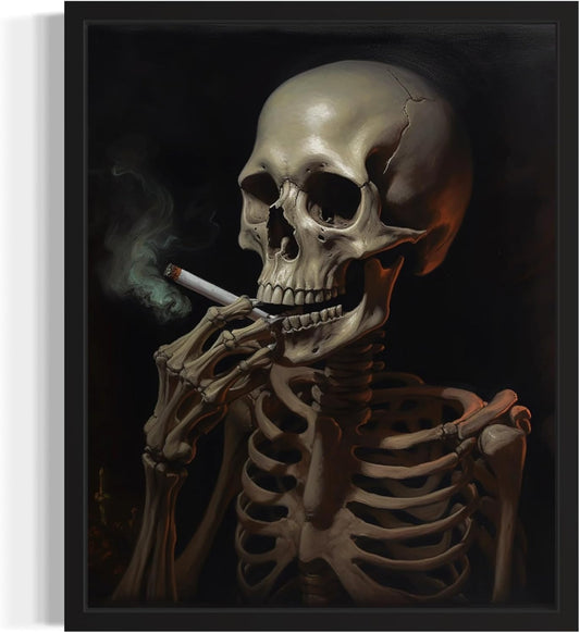Skull Smoking Ciggarettes Poster Art Print, Halloween Scary Vintage Wall Art Academia Spooky Painting Decoration for Horror Prints, Gothic Posters Bedroom Decor 89 (Skull Smoking Ciggarettes, 11 x 14 inches, Black Frame)
