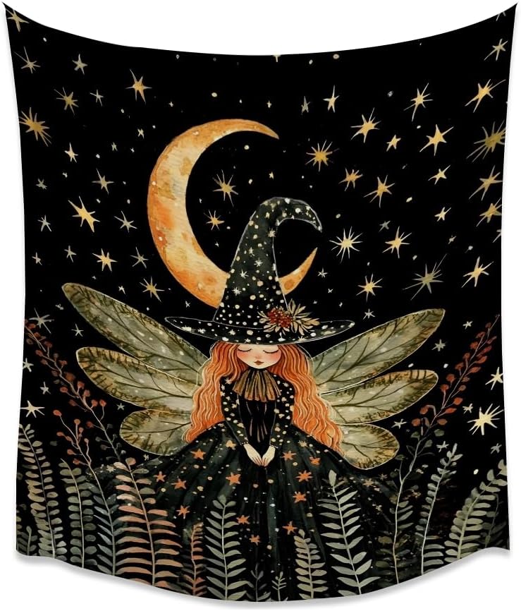 Dark Academia Witch Fairy Tapestry Wall Hanging Magical Moon Starry Night Art Print Halloween Witchy Artwork Aesthetic Wall Tapestries for Girls Bedroom Living Room Dorm Decoration 40x60inch