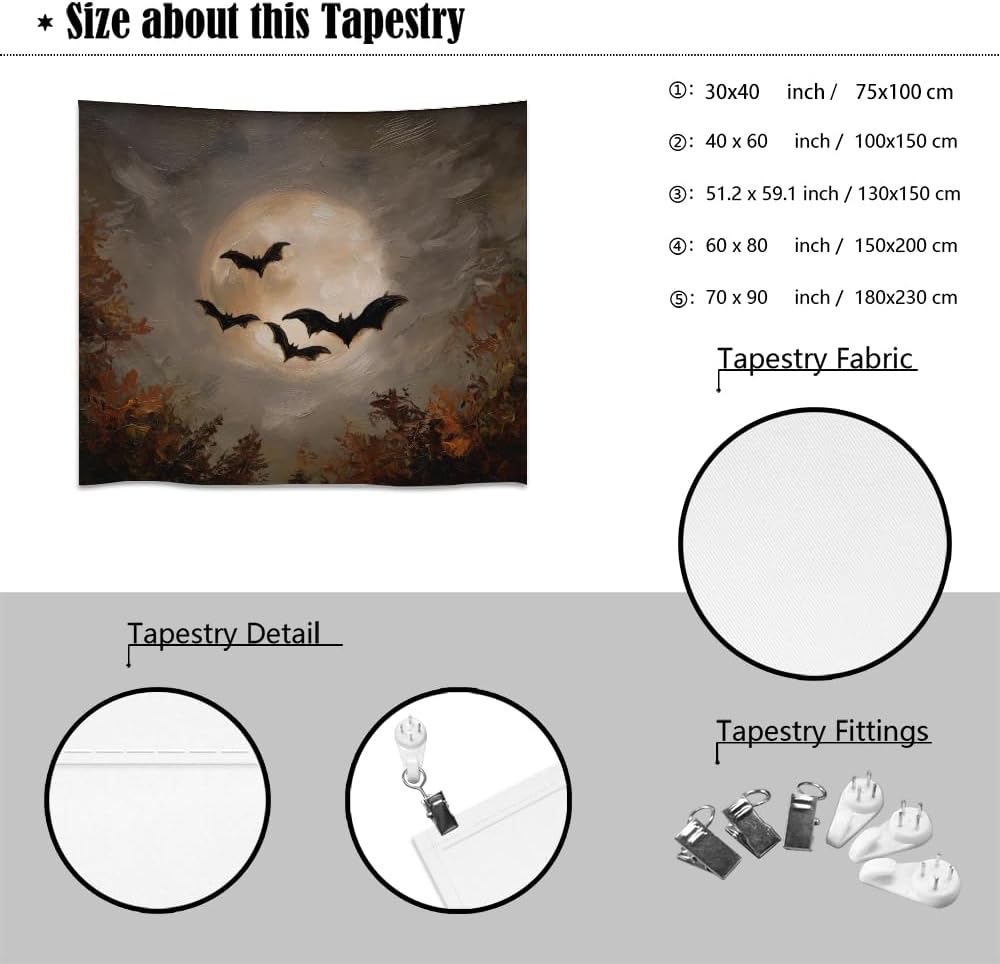 Spooky Halloween Bats Dark Academia Full Moon Autumn Leaves Wall Hanging Vintage Haunted Home Artwork Gothic Witchy Ghost Tapestries for bedroom Living Room Decor 70x90inch