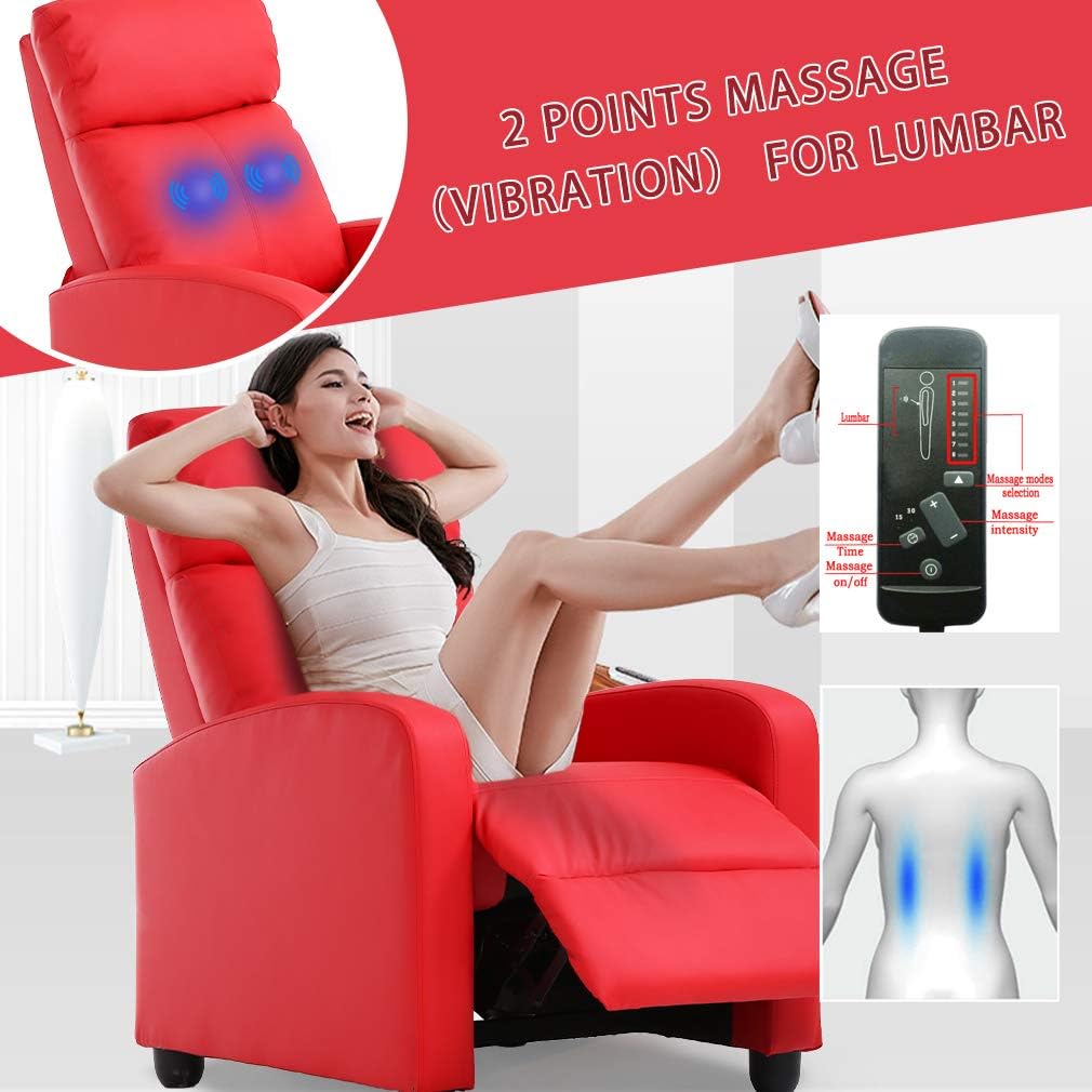 BestMassage | Recliner Chair | with 2 Point Massage Function | Pu Red | with Lumbar Support, Adjustable Push Back, Footrest & Padded Seat | Easy Assembly | for Living Room, Home Theatre