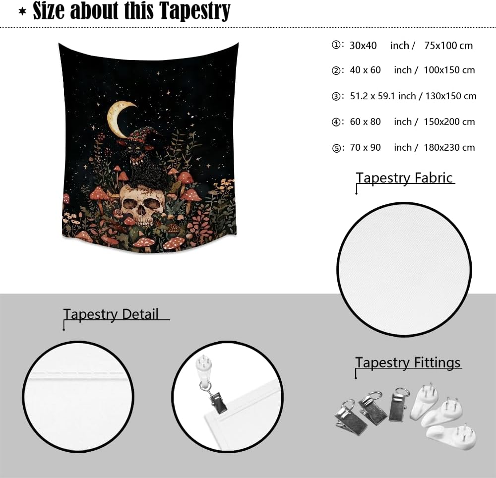 Halloween Witch Cat Tapestry Gothic Skull and Mushroom Artwork Print Spooky Halloween Witchy Wall Hanging Decor Black Cat Crescent Moon art Tapestries for Living Room Bedroom Decoration 40x60inch