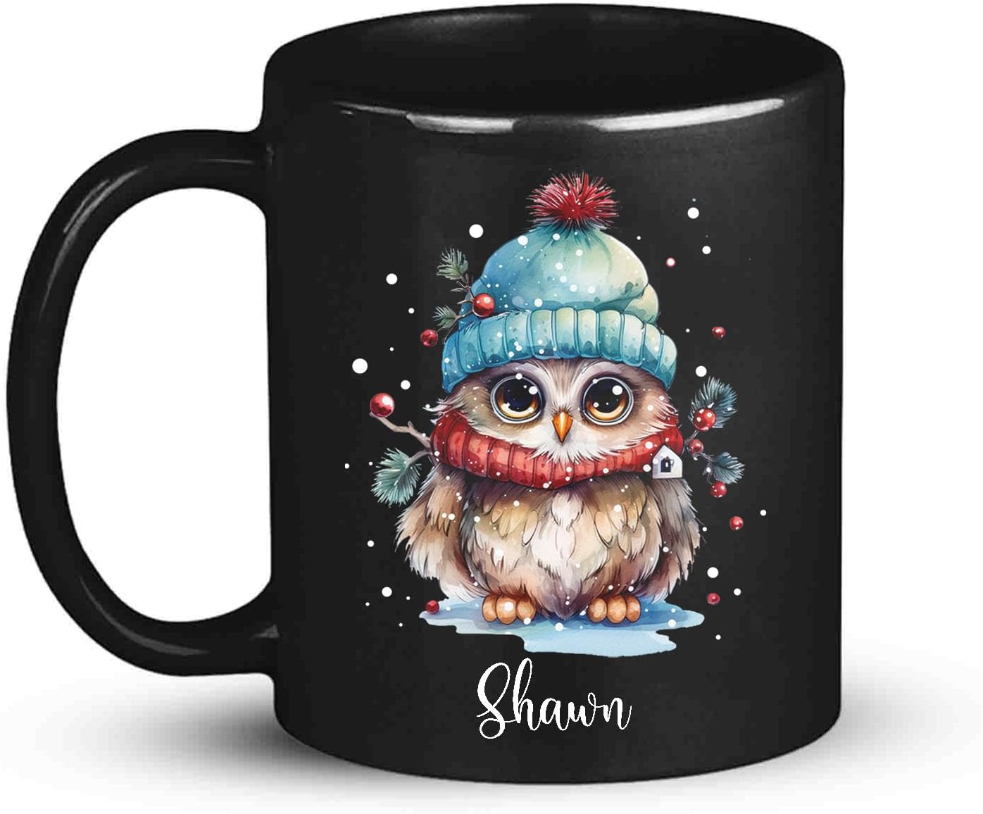 Winter Owl Design Coffee Mug - Custom Christmas Animal Black Cup, Personalized Name Themed 11oz 15oz Ceramic Cup for Owl Lovers, Xmas Decorative Gift