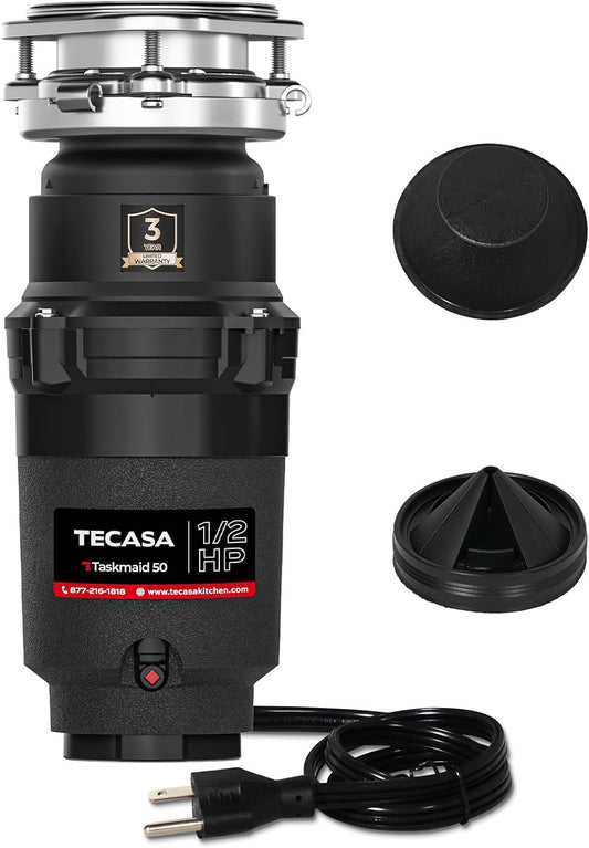 1/2 HP Garbage Disposal, TECASA Food Garbage Disposal with Power Cord, Stainless Steel Grinding System and 3-Bolt Mounting, Continuous Feed Compact Garbage Disposals, UL Certified, Taskmaid Series 50