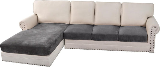 H.VERSAILTEX Velvet Stretch Sectional Sofa Covers - 4 Piece Seat Cushions for L Shape Sectional Couch (Large 3 Seater + 1 Chaise, Grey)