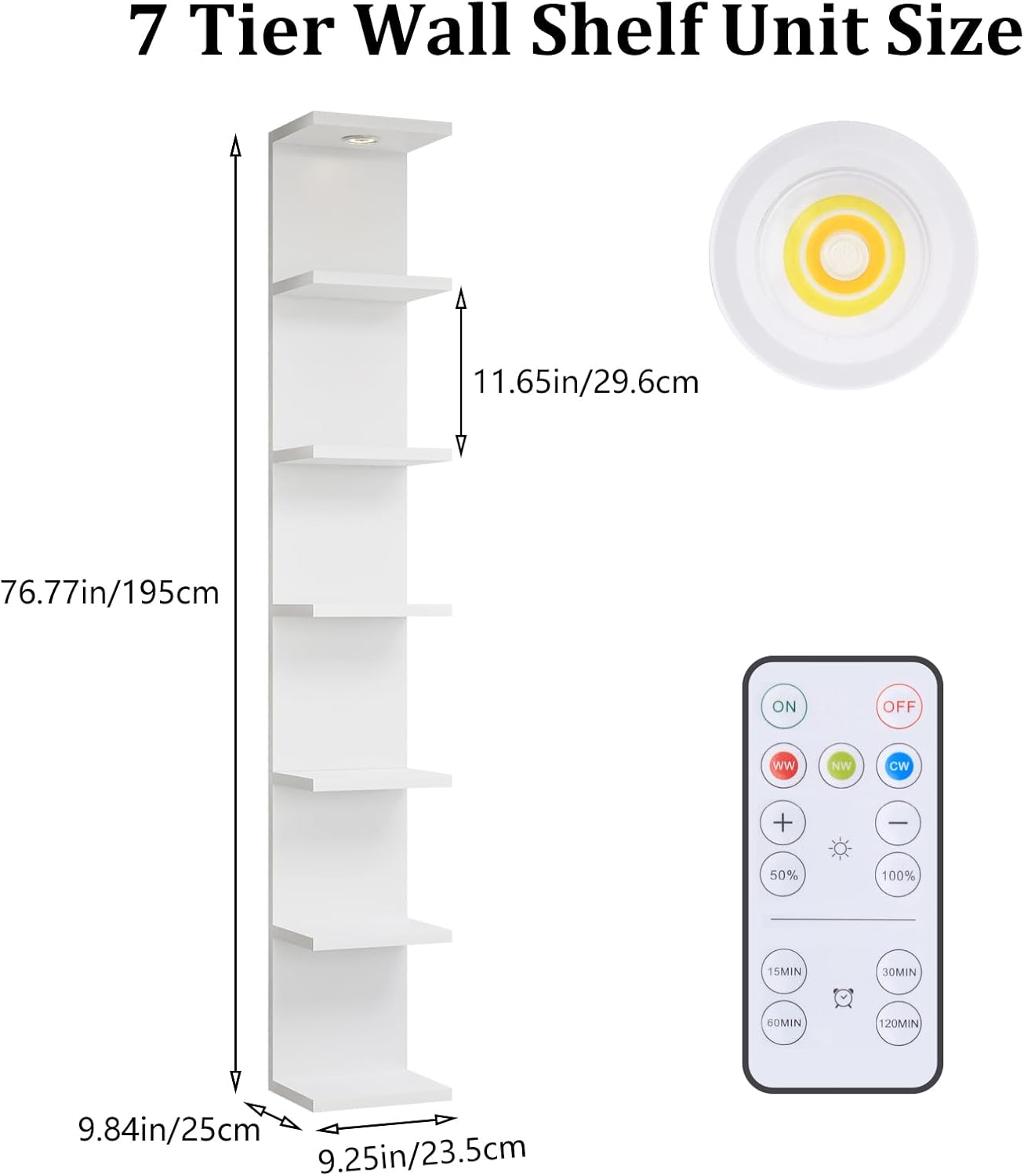 Versatile 7 Tier Shelf Unit 6.4Ft Lack Wall Shelf Unit with LED Floating Wall Shelf Unit Wall Mount Vertical Shelving for Storage Space Saving Organizer for Bedroom Living Room Office Display Decor