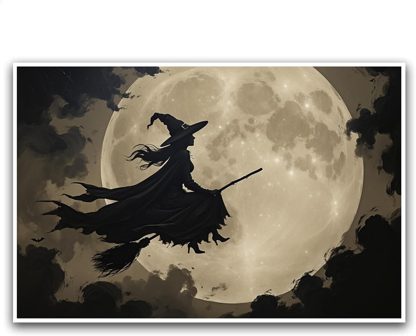 JFHCQJPK Full moon witch silhouette poster witch on magic broom Halloween mural poster decorative mural art suitable for home living room bedroom16x24in Frameless