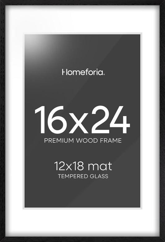 Homeforia 16x24 Black Wood Frame, High End Oak 16x24 Picture Frames with Mat 12x18 Photo, 16 x 24 Wooden Poster Frame Matted to 12 by 18 Print, 24x16 Hanging Frames, Tempered Glass, Wall Kit, Set of 1