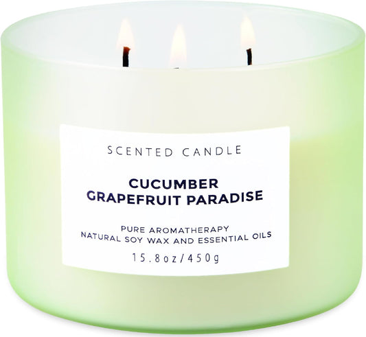 Cucumber Grapefruit Paradise 3-Wick Scented Candle | Large Soy Candle for Home 15.8 oz | Fresh Fruity Citrus Summer Aromatherapy Candle, Long Lasting Stress Relief & Relaxation Candles for Men & Women