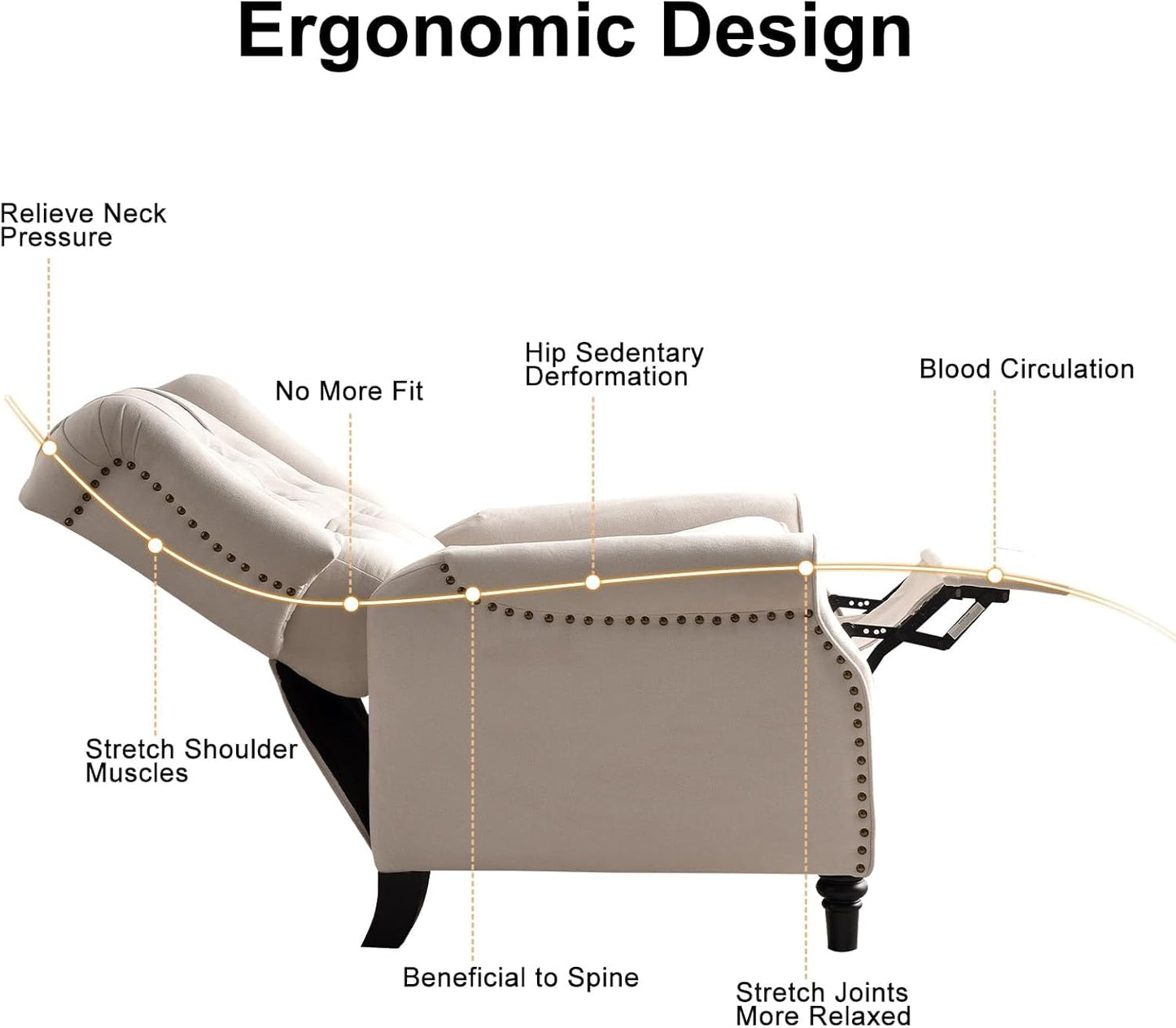 EBELLO Pushback Recliner Chair, Fabric Armchair Push Back Recliner with Rivet Decoration, Mid Century Wingback Accent Chair for Living Room, Bedroom, Beige