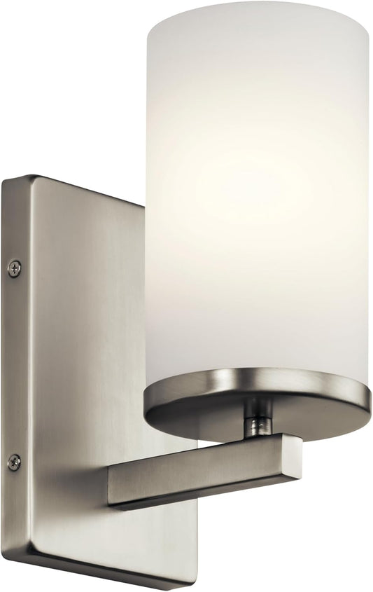 Kichler Crosby 9.25" Wall Sconce in Brushed Nickel, 1-Light Contemporary Hallway or Bathroom Light with Satin Etched Cased Opal Glass, (9.25" H x 4.5" W), 45495NI