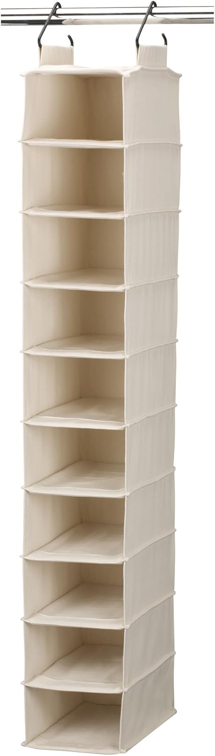 Household Essentials Hanging Shoe Organizer, 10 Wide Cubbies with Cedarline Pockets, Heavy-Duty Cotton Canvas, Removable and Industrial Hooks, Natural