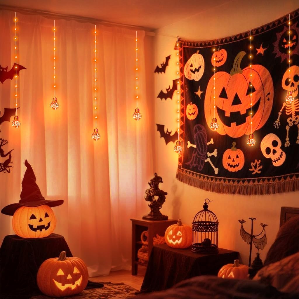 YOLIGHT Wishing Ball Curtain Lights 200 LED Window Curtain String Lights with Remote, USB Battery Powered Twinkle Globe Fairy Lights for Party Bedroom Christmas Halloween Decoration (Orange)